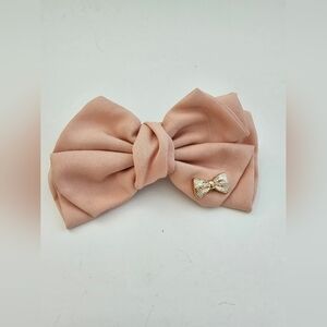 Blush Pink Crepe Bow Barrette with Gold-Tone Bow Charm Dusty Rose Hair Clip